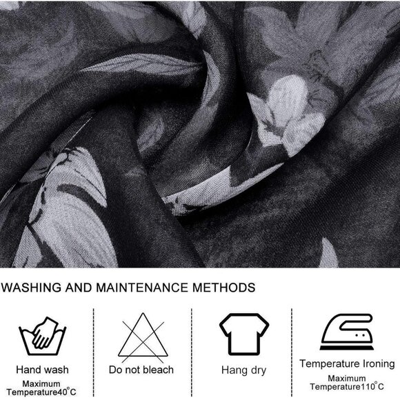 Women's Black+white Fashion Lightweight Head Scarf Floral Print Chiffon Scarves - Picture 5 of 7